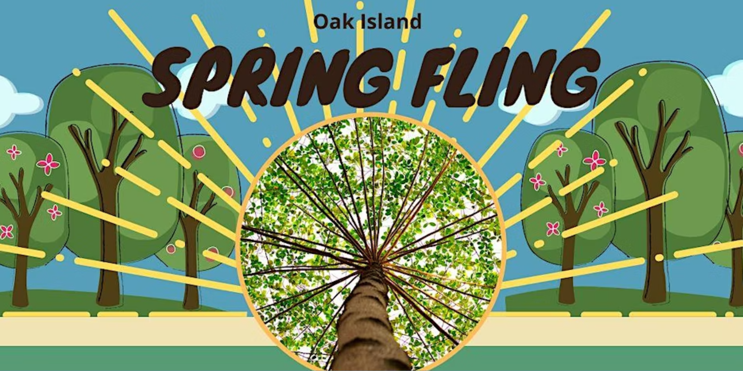 Cartoon trees with text "Oak Island Spring Fling