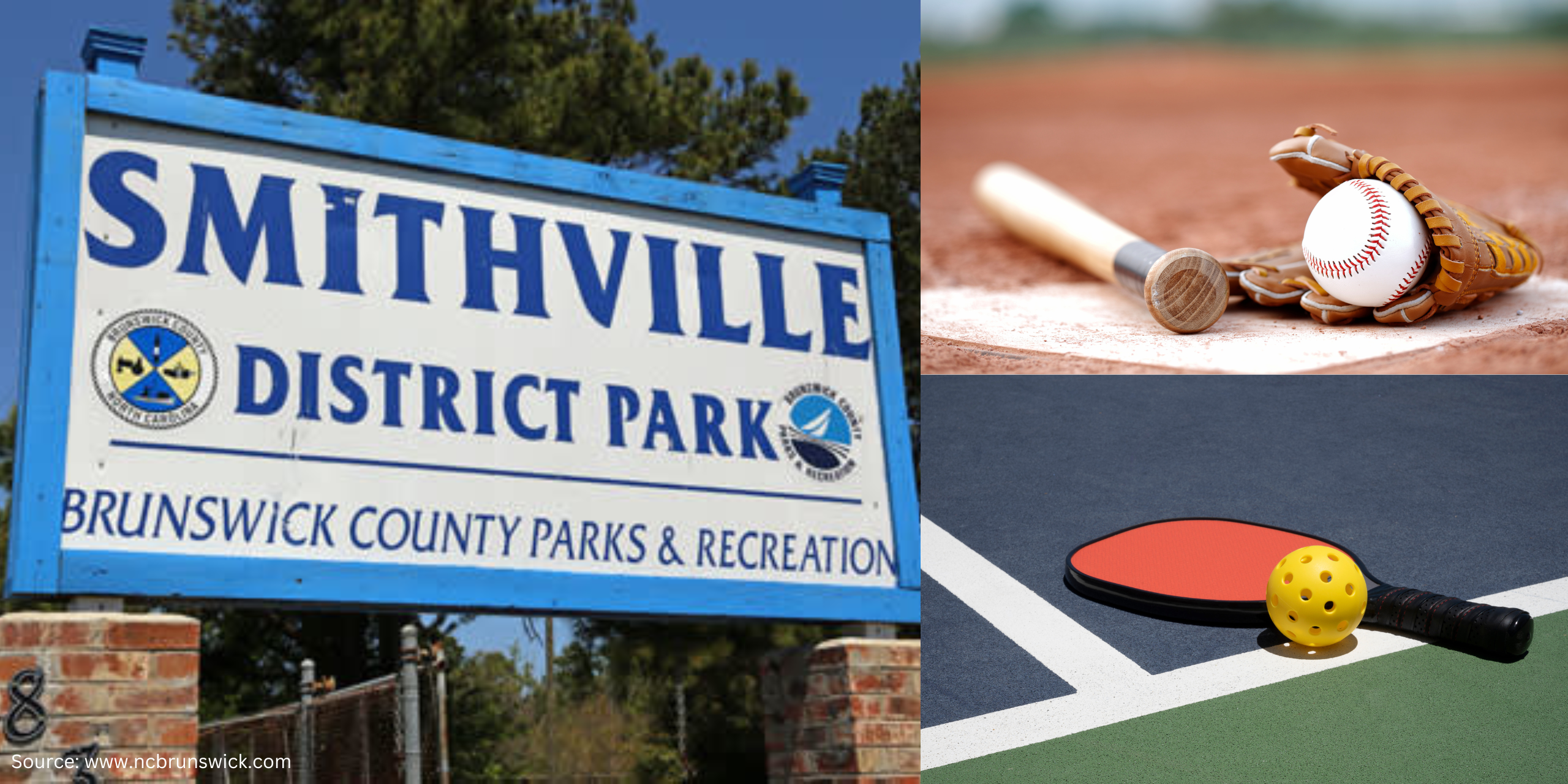 Collage of Smithville district park sign, picture of baseball bat and all, and a picture of pickleball paddle and ball
